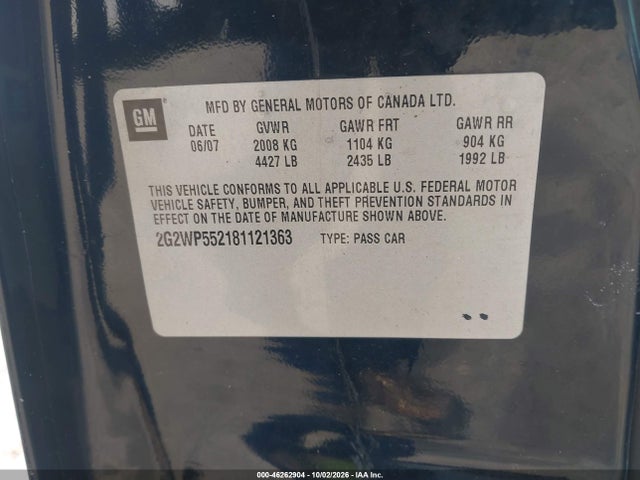 46262904 :رقم المزاد ، 2G2WP552181121363 vin ، 2008 Pontiac Grand Prix مزاد بيع