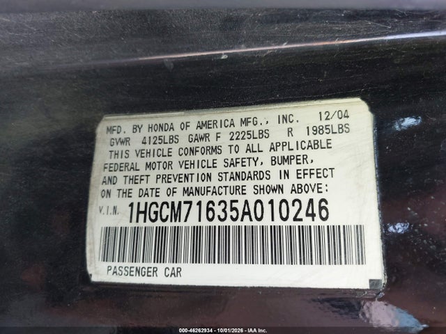 Продаж на аукціоні авто 2005 Honda Accord 2.4 Ex, vin: 1HGCM71635A010246, номер лоту: 46262934