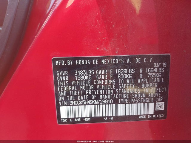 Honda FIT LX 2019 3HGGK5H49KM726910 Image 9
