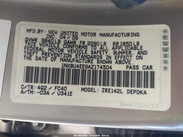 46262980 :رقم المزاد ، 1NXBU4EE9AZ174504 vin ، 2010 Toyota Corolla Le مزاد بيع