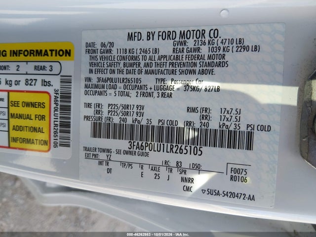 Продажа на аукционе авто 2020 Ford Fusion Hybrid Se, vin: 3FA6P0LU1LR265105, номер лота: 46262983