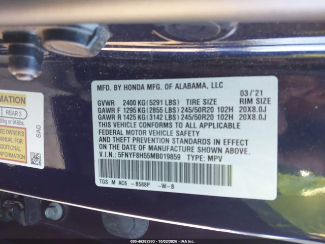 Продажа на аукционе авто 2021 Honda Passport Awd Ex-l, vin: 5FNYF8H55MB019859, номер лота: 46262993