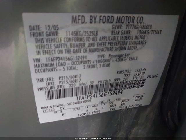 46263001 :رقم المزاد ، 1FAFP24156G152494 vin ، 2006 Ford Five Hundred Sel مزاد بيع
