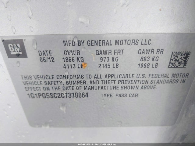 46263011 :رقم المزاد ، 1G1PG5SC2C7378064 vin ، 2012 Chevrolet Cruze 2lt مزاد بيع
