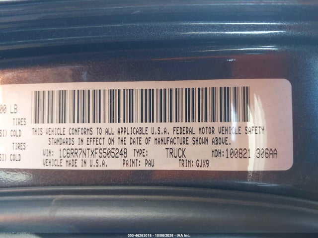 Продаж на аукціоні авто 2015 Ram 1500 Laramie, vin: 1C6RR7NTXFS505248, номер лоту: 46263018