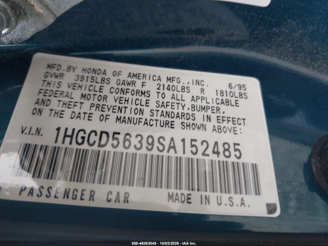 Aukcja sprzedaży 1995 Honda Accord Lx/ex, vin: 1HGCD5639SA152485, numer aukcji: 46263045