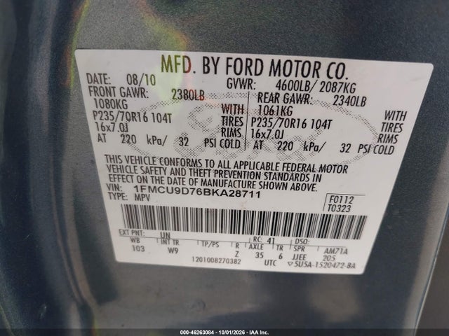Продаж на аукціоні авто 2011 Ford Escape Xlt, vin: 1FMCU9D76BKA28711, номер лоту: 46263084