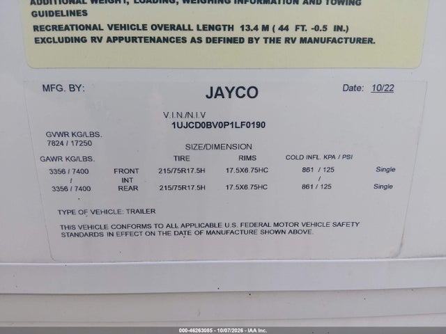 Aukcja sprzedaży 2023 Jayco Travel Trlr, vin: 1UJCD0BV0P1LF0190, numer aukcji: 46263085