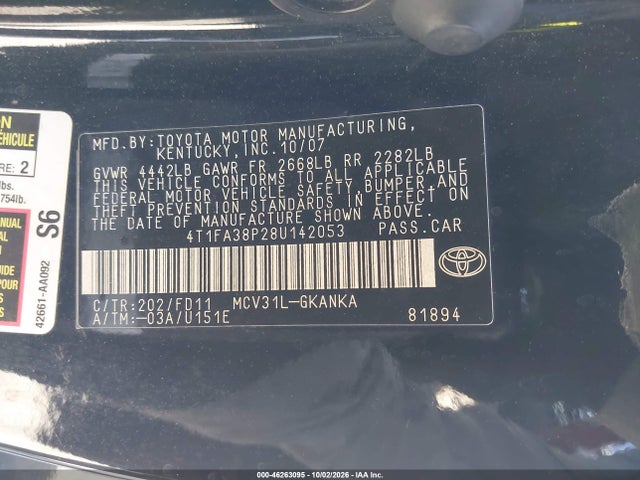 46263095 :رقم المزاد ، 4T1FA38P28U142053 vin ، 2008 Toyota Camry Solara Sport مزاد بيع