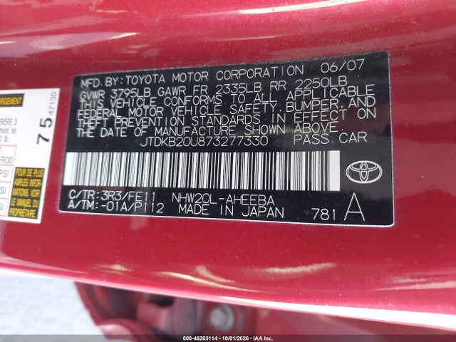Продаж на аукціоні авто 2007 Toyota Prius, vin: JTDKB20U873277330, номер лоту: 46263114