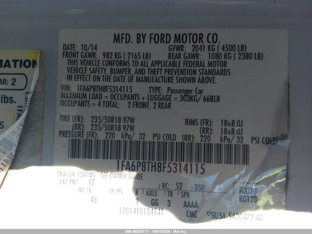 2015 Ford Mustang Ecoboost მანქანა იყიდება აუქციონზე, vin: 1FA6P8TH8F5314115, აუქციონის ნომერი: 46263117
