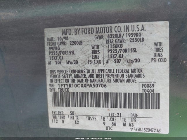 Продаж на аукціоні авто 1999 Ford Ranger Xl/xlt, vin: 1FTYR10CXXPA50706, номер лоту: 46263118