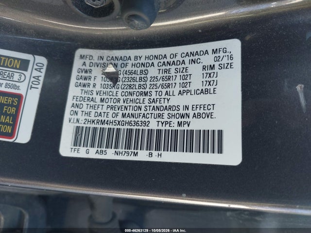 46263129 :رقم المزاد ، 2HKRM4H5XGH636392 vin ، 2016 Honda Cr-v Ex مزاد بيع