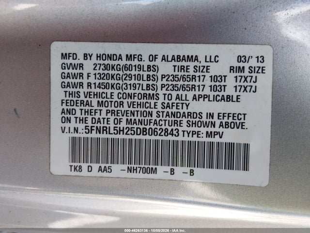 Продаж на аукціоні авто 2013 Honda Odyssey Lx, vin: 5FNRL5H25DB062843, номер лоту: 46263136