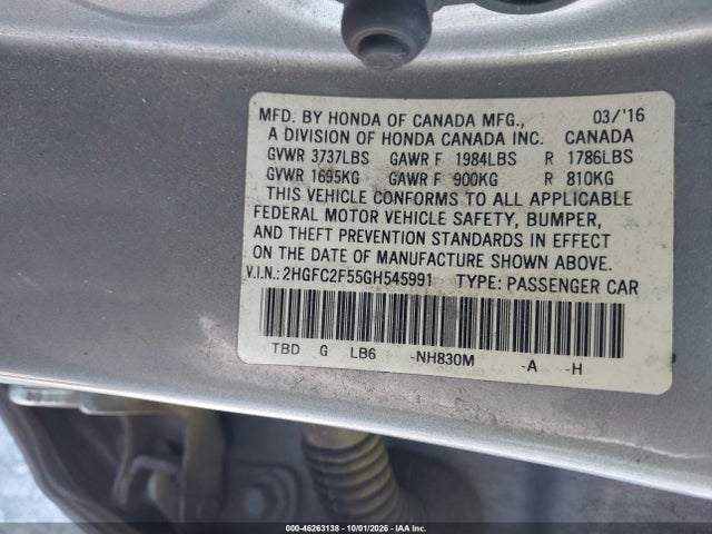 46263138 :رقم المزاد ، 2HGFC2F55GH545991 vin ، 2016 Honda Civic Lx مزاد بيع