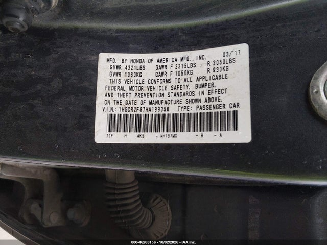 46263156 :رقم المزاد ، 1HGCR2F87HA199356 vin ، 2017 Honda Accord Ex-l مزاد بيع
