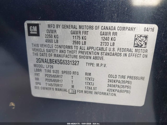 Продажа на аукционе авто 2016 Chevrolet Equinox Ls, vin: 2GNALBEK5G6331327, номер лота: 46263178