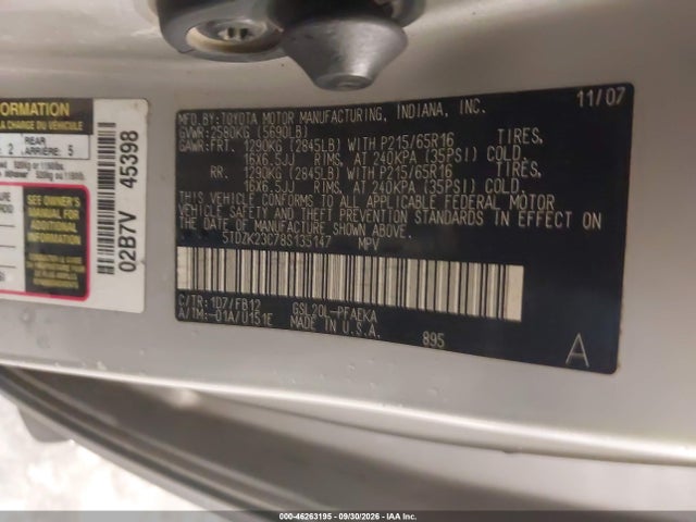 Продажа на аукционе авто 2008 Toyota Sienna Ce, vin: 5TDZK23C78S135147, номер лота: 46263195
