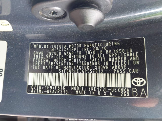 2016 Toyota Corolla Le Plus მანქანა იყიდება აუქციონზე, vin: 5YFBURHE3GP557812, აუქციონის ნომერი: 46263215