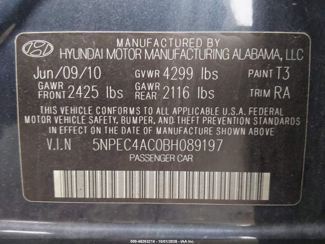 46263218 :رقم المزاد ، 5NPEC4AC0BH089197 vin ، 2011 Hyundai Sonata Se مزاد بيع