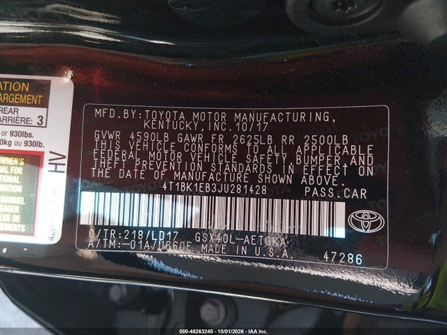 Aukcja sprzedaży 2018 Toyota Avalon Xle, vin: 4T1BK1EB3JU281428, numer aukcji: 46263240