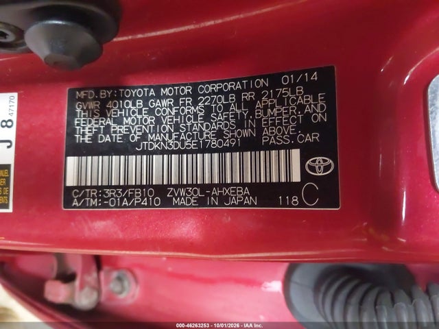 Aukcja sprzedaży 2014 Toyota Prius Two, vin: JTDKN3DU5E1780491, numer aukcji: 46263253
