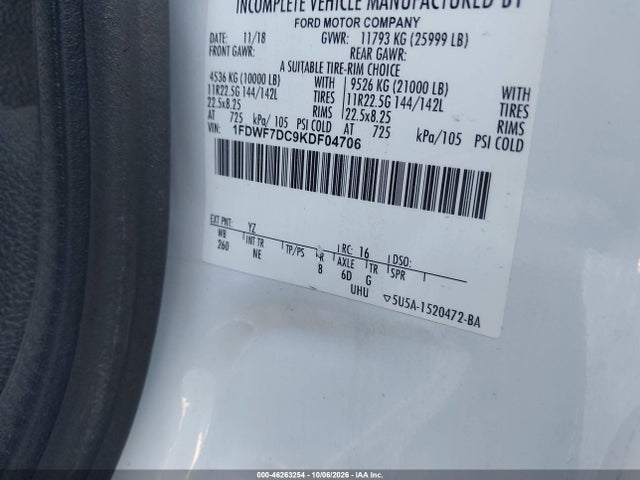 2019 Ford F-750 Diesel მანქანა იყიდება აუქციონზე, vin: 1FDWF7DC9KDF04706, აუქციონის ნომერი: 46263254