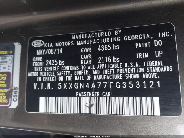 46263257 :رقم المزاد ، 5XXGN4A77FG353121 vin ، 2015 Kia Optima Ex مزاد بيع