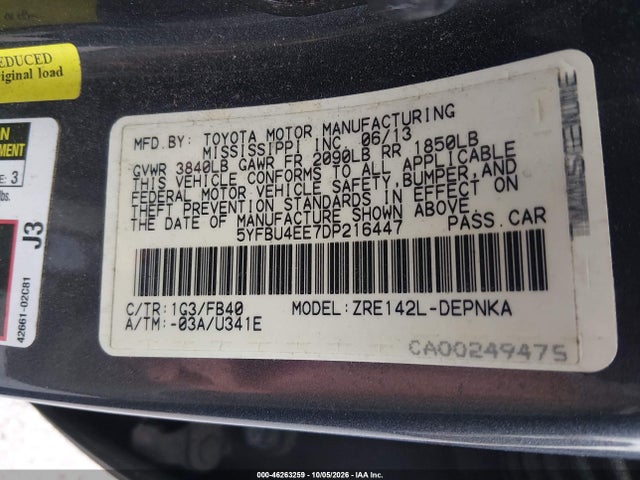 Продажа на аукционе авто 2013 Toyota Corolla Le, vin: 5YFBU4EE7DP216447, номер лота: 46263259