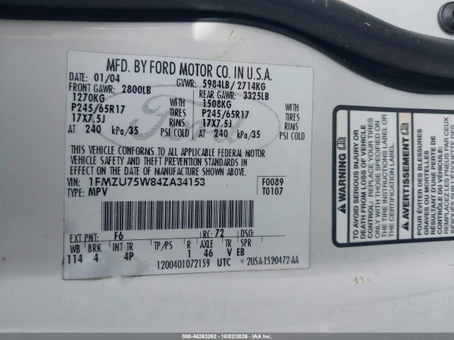 2004 Ford Explorer Limited მანქანა იყიდება აუქციონზე, vin: 1FMZU75W84ZA34153, აუქციონის ნომერი: 46263262