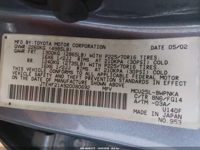 Aukcja sprzedaży 2002 Toyota Highlander V6, vin: JTEHF21A920080692, numer aukcji: 46263272