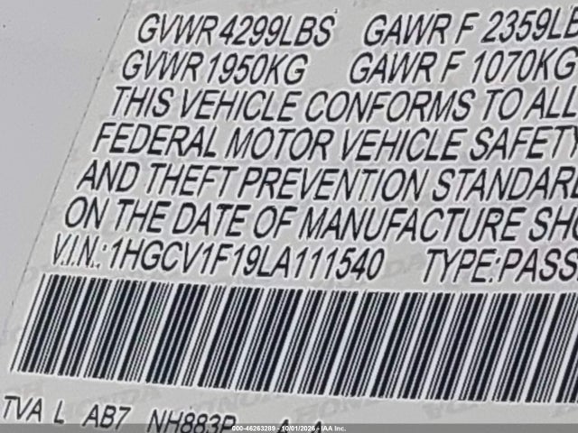 46263289 :رقم المزاد ، 1HGCV1F19LA111540 vin ، 2020 Honda Accord Lx مزاد بيع