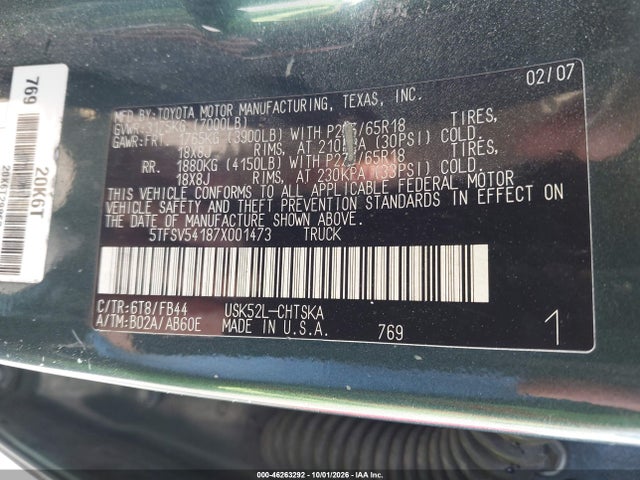 2007 Toyota Tundra Sr5 5.7l V8 მანქანა იყიდება აუქციონზე, vin: 5TFSV54187X001473, აუქციონის ნომერი: 46263292