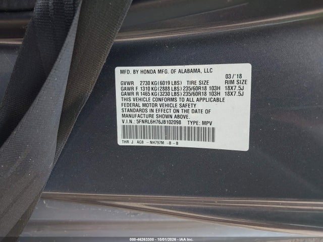 2018 Honda Odyssey Ex-l მანქანა იყიდება აუქციონზე, vin: 5FNRL6H76JB102098, აუქციონის ნომერი: 46263300