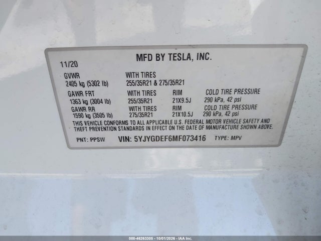 5YJYGDEF6MF073416 Tesla Model Y Performance Dual Motor All-wheel Drive