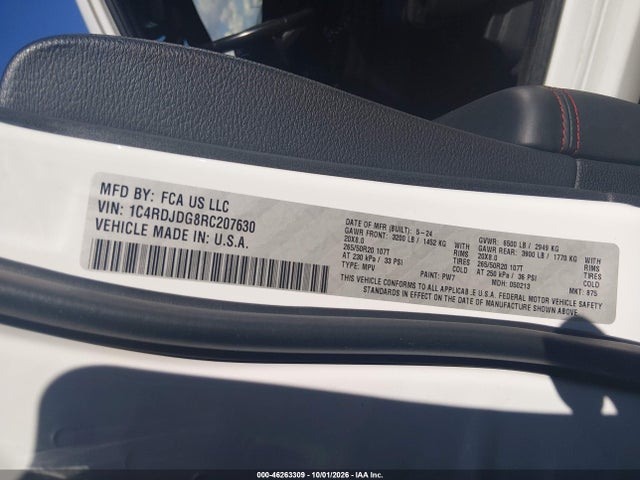 46263309 :رقم المزاد ، 1C4RDJDG8RC207630 vin ، 2024 Dodge Durango Gt Plus Awd مزاد بيع