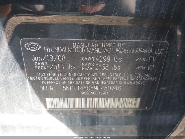 Aukcja sprzedaży 2009 Hyundai Sonata Gls, vin: 5NPET46C89H480746, numer aukcji: 46263313
