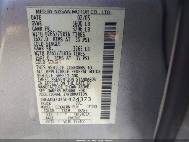 Продаж на аукціоні авто 2005 Nissan Frontier Nismo Off Road, vin: 1N6AD07U35C424373, номер лоту: 46263315