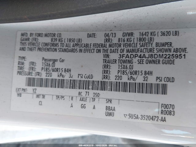 Продажа на аукционе авто 2013 Ford Fiesta S, vin: 3FADP4AJ8DM225951, номер лота: 46263319