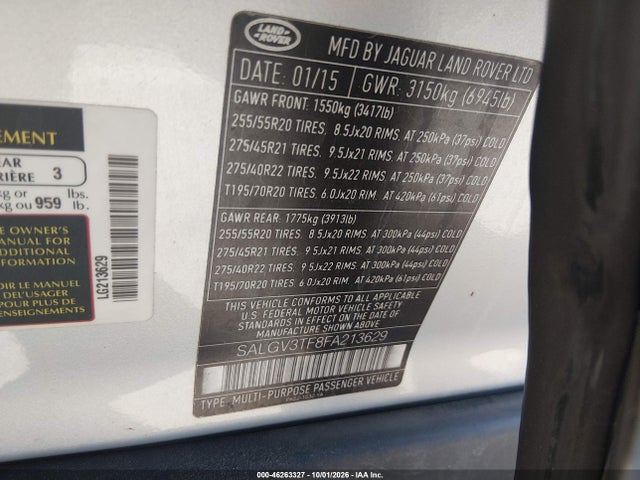 46263327 :رقم المزاد ، SALGV3TF8FA213629 vin ، 2015 Land Rover Range Rover 5.0l V8 Supercharged Autobiography مزاد بيع