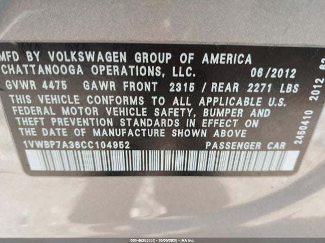 Продаж на аукціоні авто 2012 Volkswagen Passat 2.5l Se, vin: 1VWBP7A36CC104952, номер лоту: 46263332