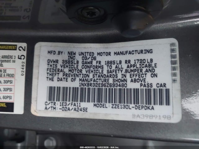 46263333 :رقم المزاد ، 1NXBR32E96Z693480 vin ، 2006 Toyota Corolla Ce مزاد بيع