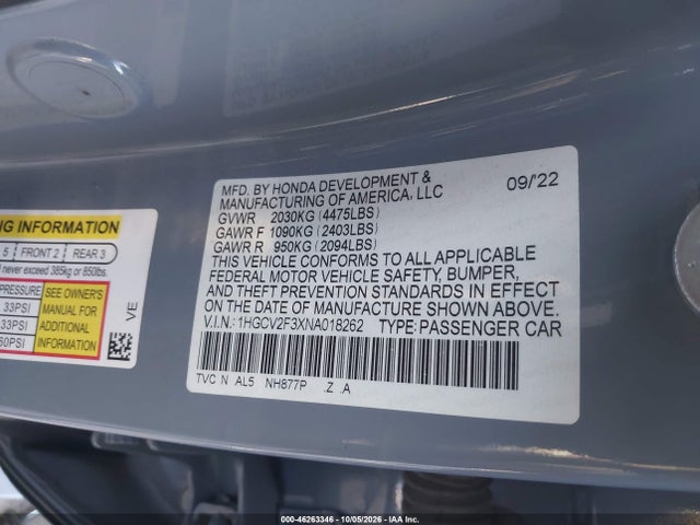 1HGCV2F3XNA018262 Honda Accord Sport 2.0t