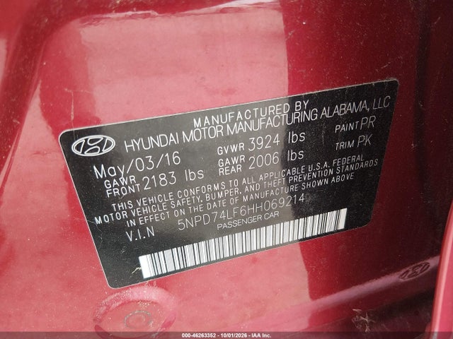 2017 Hyundai Elantra Se მანქანა იყიდება აუქციონზე, vin: 5NPD74LF6HH069214, აუქციონის ნომერი: 46263352