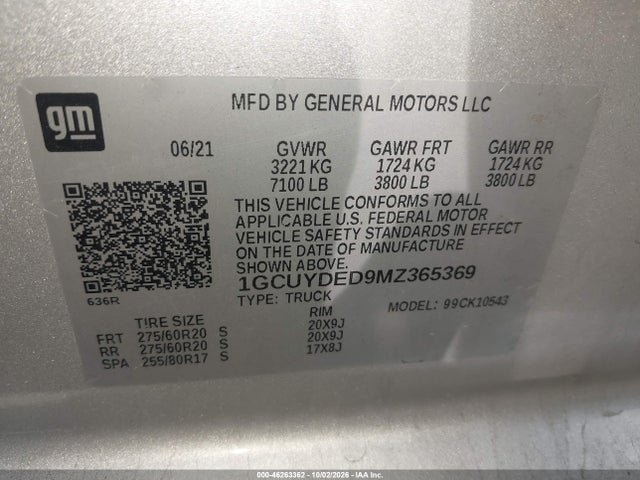 Aukcja sprzedaży 2021 Chevrolet Silverado 1500 4wd  Short Bed Lt, vin: 1GCUYDED9MZ365369, numer aukcji: 46263362
