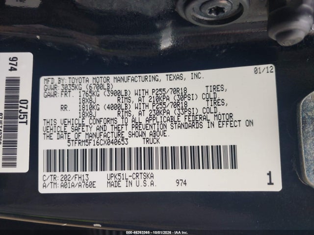 Aukcja sprzedaży 2012 Toyota Tundra Grade 4.6l V8, vin: 5TFRM5F16CX040653, numer aukcji: 46263365