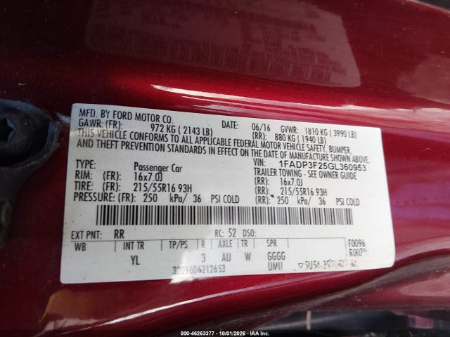 46263377 :رقم المزاد ، 1FADP3F25GL360953 vin ، 2016 Ford Focus Se مزاد بيع