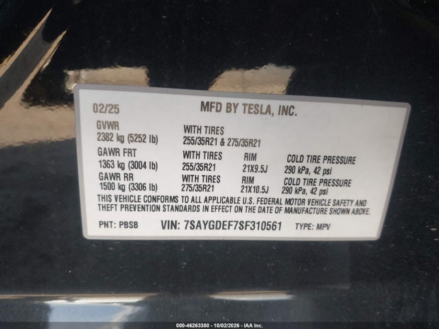 46263380 :رقم المزاد ، 7SAYGDEF7SF310561 vin ، 2025 Tesla Model Y Performance Dual Motor All-wheel Drive مزاد بيع