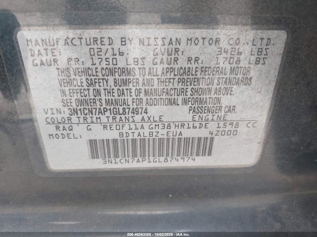 Продаж на аукціоні авто 2016 Nissan Versa 1.6 Sv, vin: 3N1CN7AP1GL874974, номер лоту: 46263385
