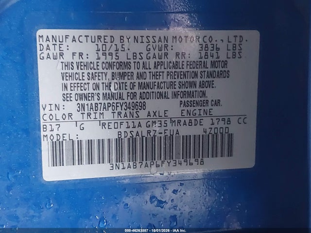 Aukcja sprzedaży 2015 Nissan Sentra Sr, vin: 3N1AB7AP6FY349698, numer aukcji: 46263387